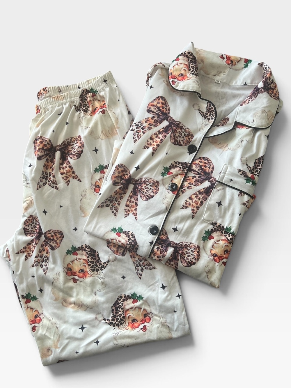 Women’s Christmas Pajama Set Leopard Santa Bows Satin PJs Medium
